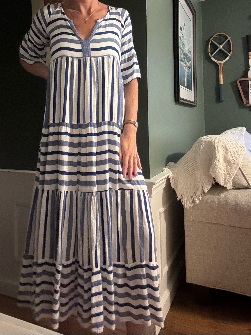 Bindu Ivana Blue and White Striped Tiered Maxi Dress